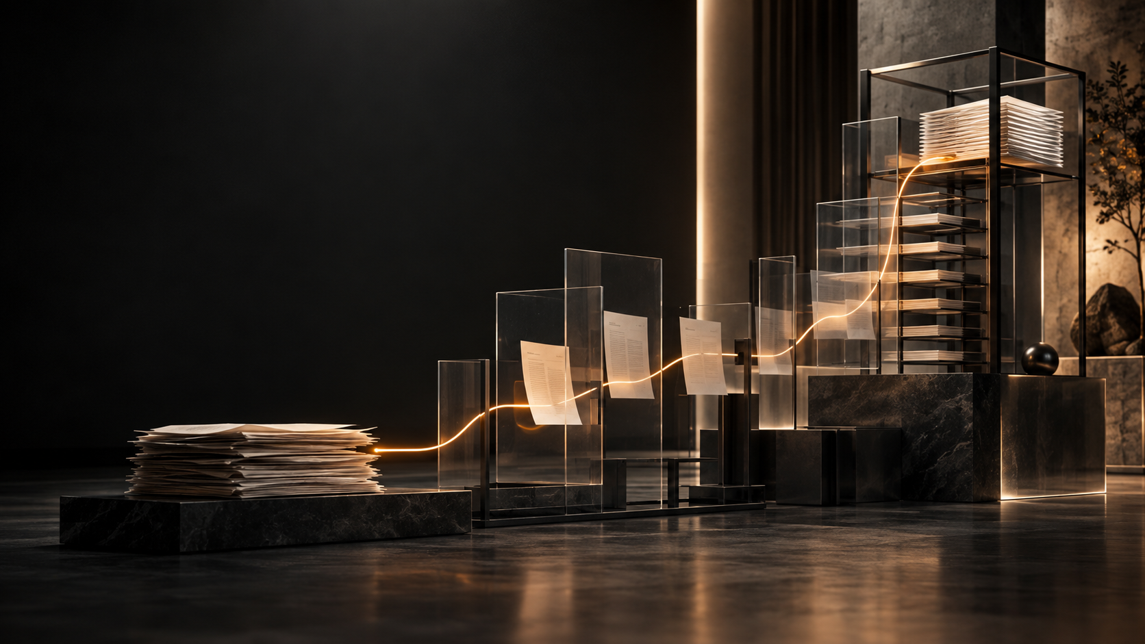 Architectural arrangement of documents connected by a warm line of light